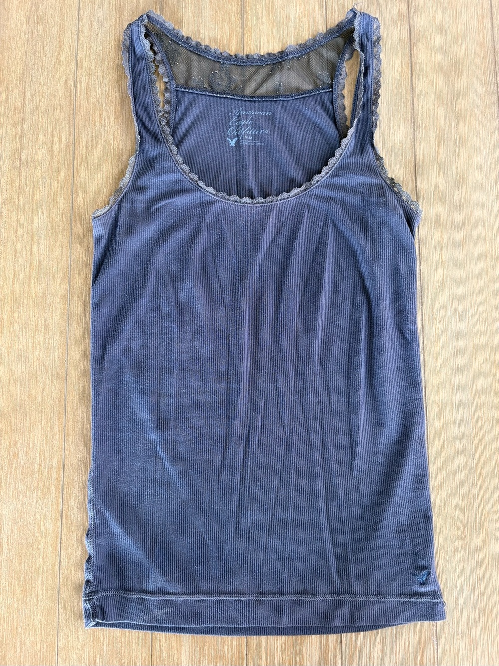 🌸American Eagle Outfitters Women's Charcoal Ribbed Lace-Trim Tank🌸
